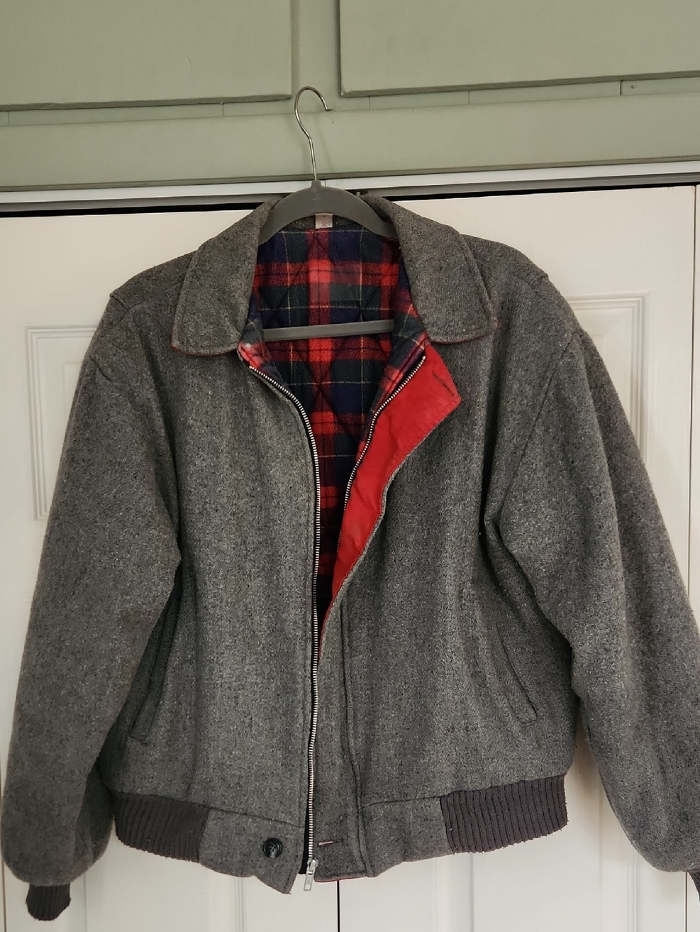 Vintage Woolrich Gray Wool Bomber Jacket with Red Plaid Lining